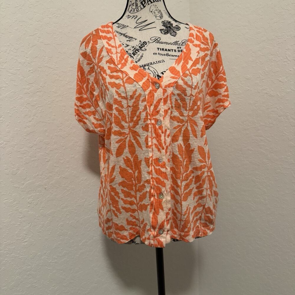 Rachel Zoe Linen Blouse Leaf Print Button Front Top Size Large Boho Coastal